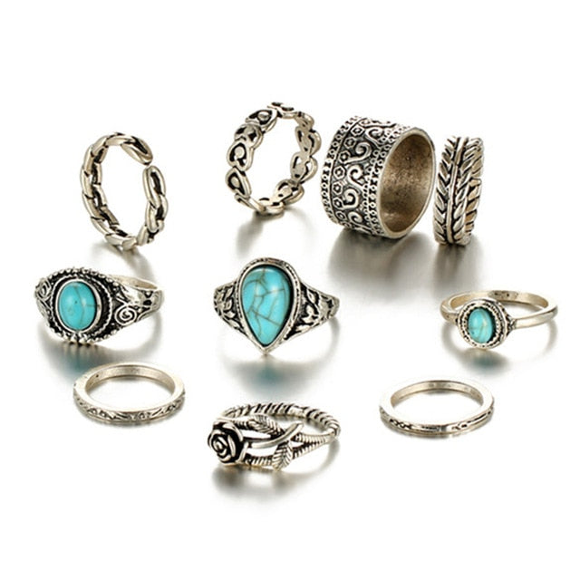 10 Piece Blue Stone Silver Ring Set