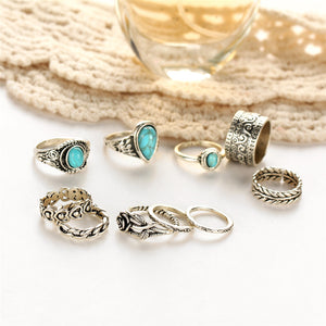 10 Piece Blue Stone Silver Ring Set